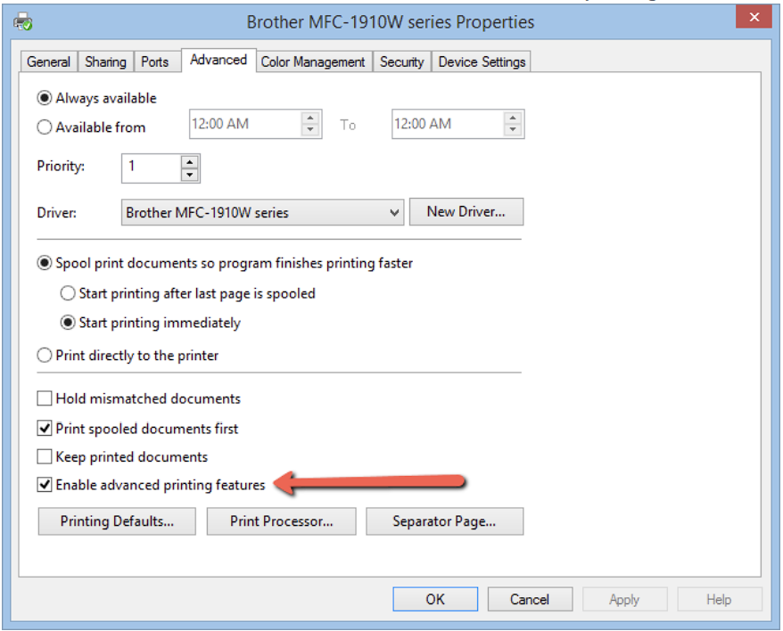 enable advanced printing features on advance tab