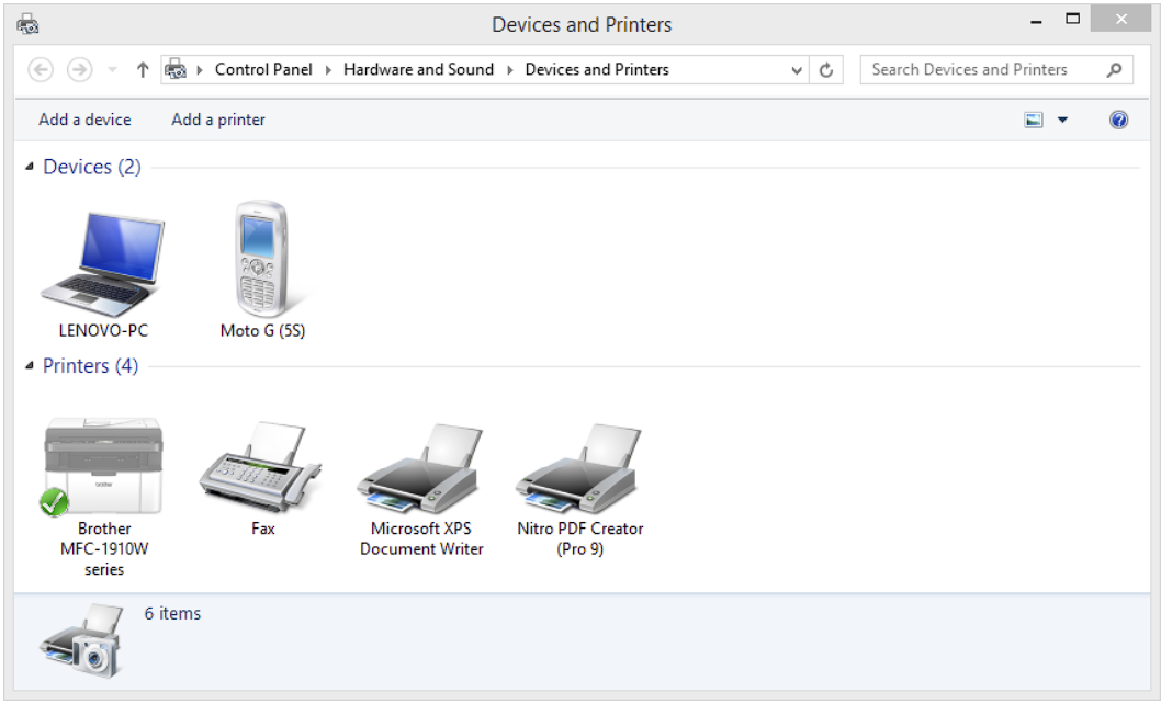 devices and printers panel