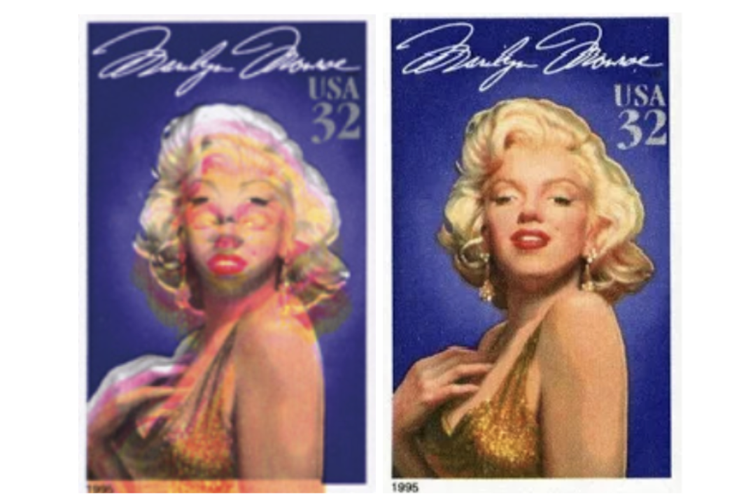 left photo is an example of printing registration error