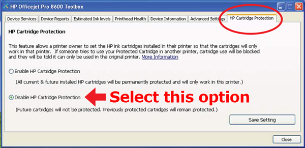 Image of HP Cartridge Protection tab menu on HP Officejet Pro 8600 Toolbox