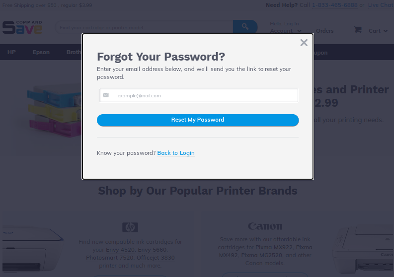 Screenshot of forgot password form pop up