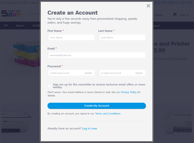 Screenshot of Create An Account form pop up