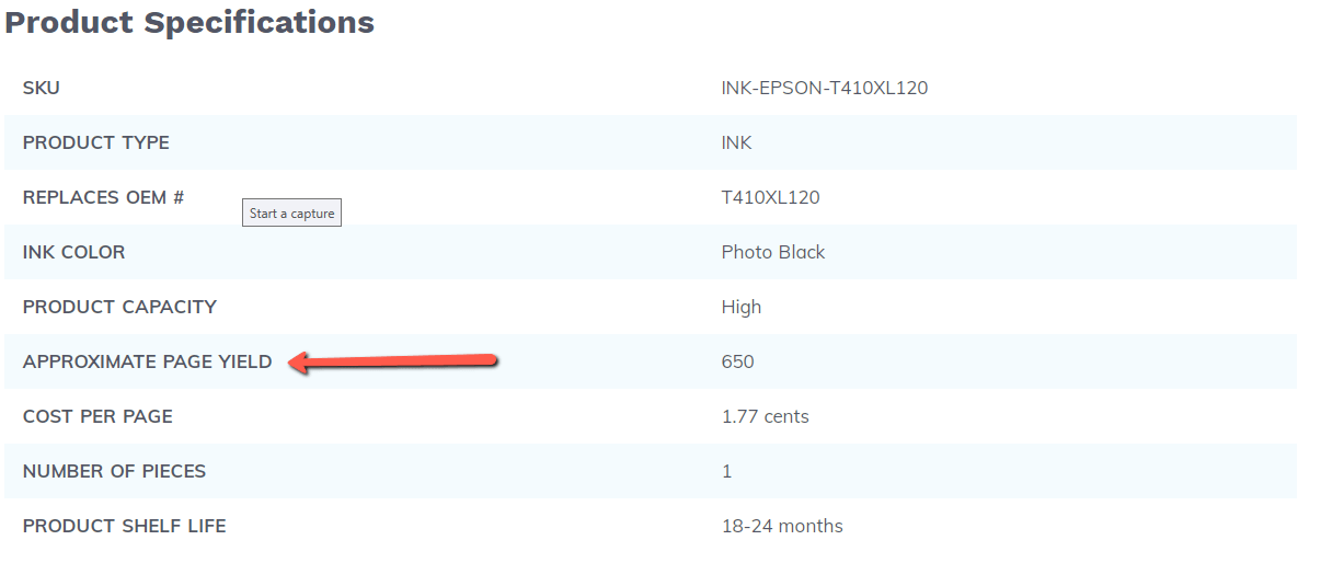 page yield row in product specification table