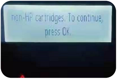 printer info display showing 'non-hp cartridges. To continue press OK.'