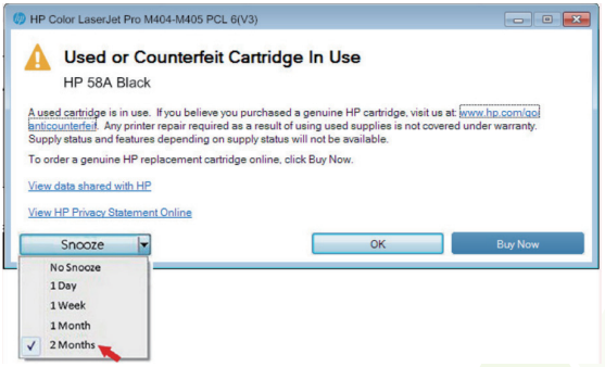 Snooze used or Counterfeit cartridge in use warning